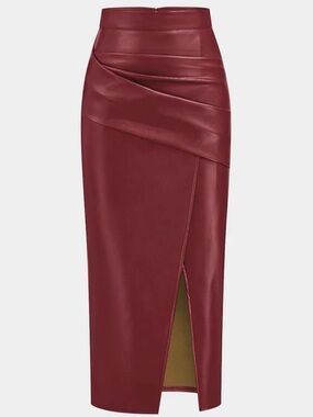 Commense Red/Burgundy Ruched Faux Leather Pencil Skirt with Front Slit